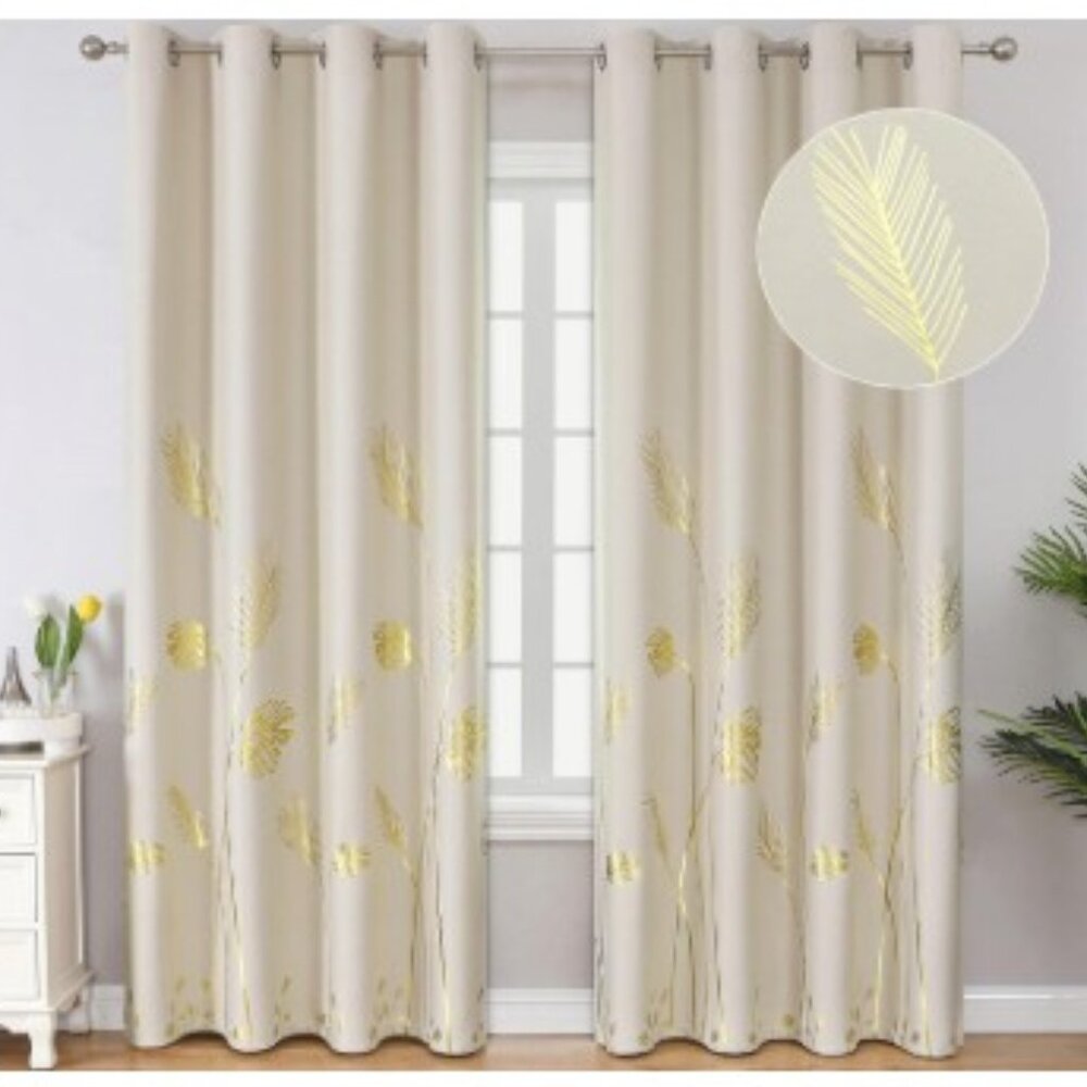 Estelar Textiler  Cream with Gold Leaf Thermal Room Darkening Curtains 52x84
